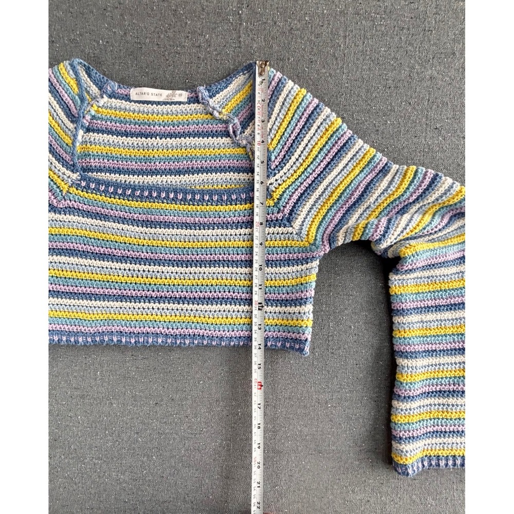 Altar'd State XS Striped Crochet Knit Cropped Sweater Square Neck Blue Yellow - Picture 5 of 7